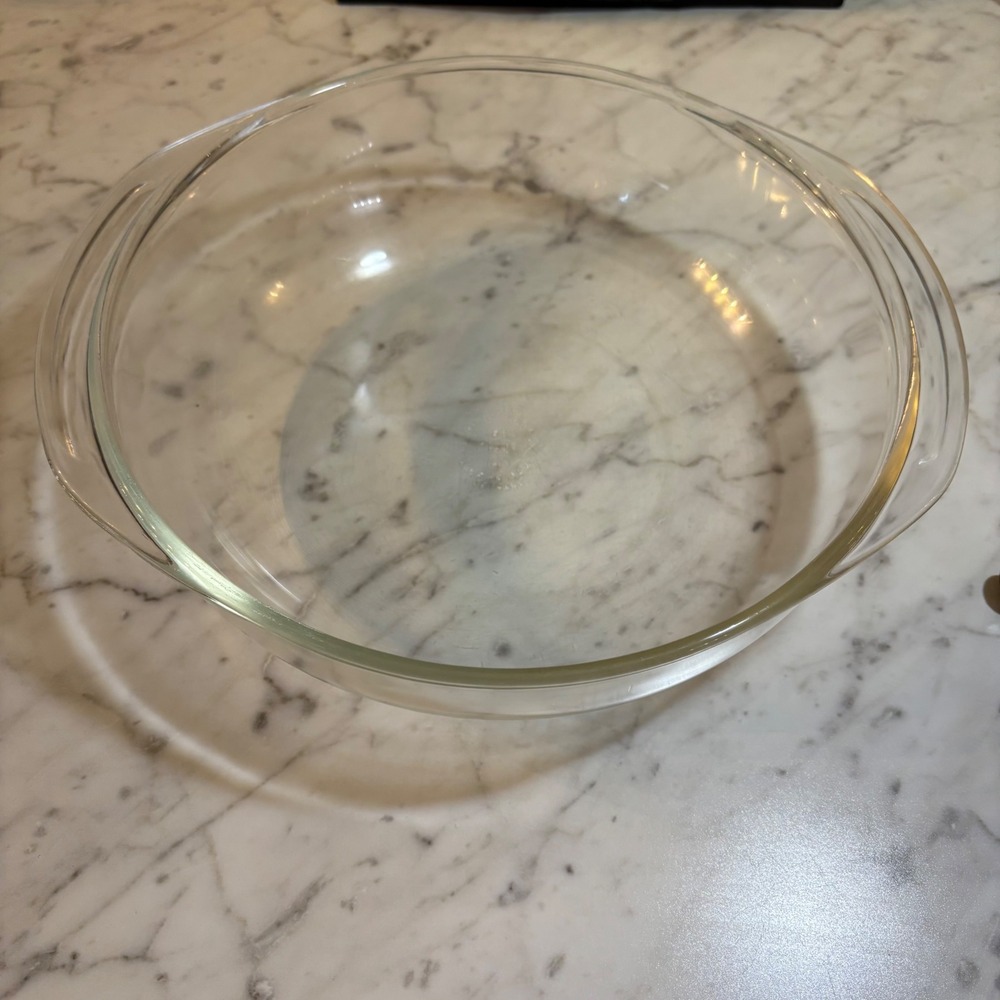 Vintage Pyrex Clear Glass Round Casserole Baking Dish with Handles Made in USA
